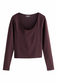 Bordeaux lange mouw top met een brede ronde halslijn en een cropped ontwerp, gemaakt van zachte stof met een gladde textuur. Merklabel zichtbaar.