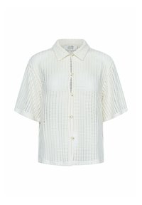 Hvid, kortærmet skjorte med knaplukning foran og et fint, gitterlignende perforeringsmønster. Har en klassisk krave og fire knapper.