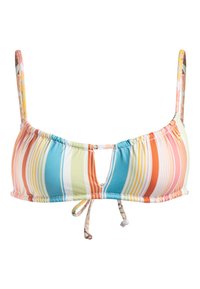 Meerkleurige bikinitop met smalle bandjes, voorzien van horizontale strepen in blauw, oranje, geel en groen. Verstelbare strik aan de voorkant.