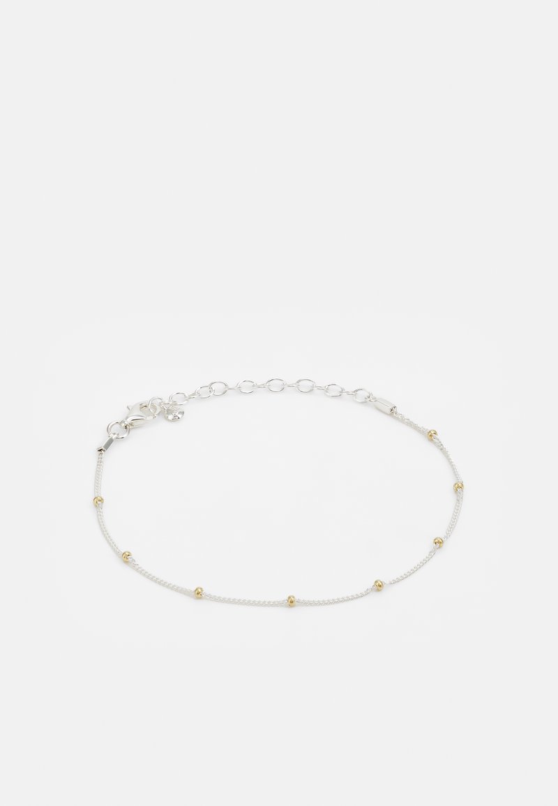 Hõbe ahel käevõru, millel on väiksed kuldsed pärlid üle kogu pikkuse, lukustamiseks on lõksu sulgemine ja delikaatne disain.