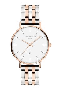 Runde Uhr mit weißem Zifferblatt, roségoldenen Zeigern und einem Metallarmband in Silber/Roségold mit abwechselnden Gliedern. Dezente Datumsanzeige bei 6 Uhr.