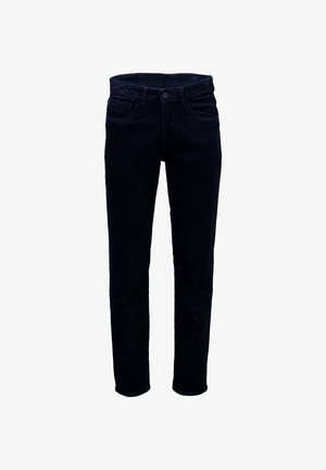Pantaloni in corda di un blu navy scuro con un design a gamba dritta, dotati di passanti per cintura, cinque tasche e chiusura con bottone. Texture morbida.