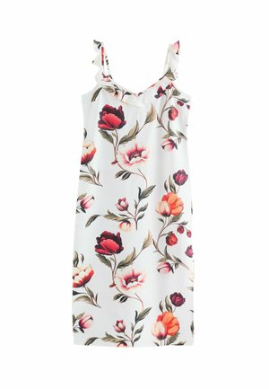 Rochie fără mâneci, imprimată cu flori, având bretele cu volan. Fundal alb, cu flori roșii, roz și portocalii pe tulpini verzi. Textură moale a materialului.