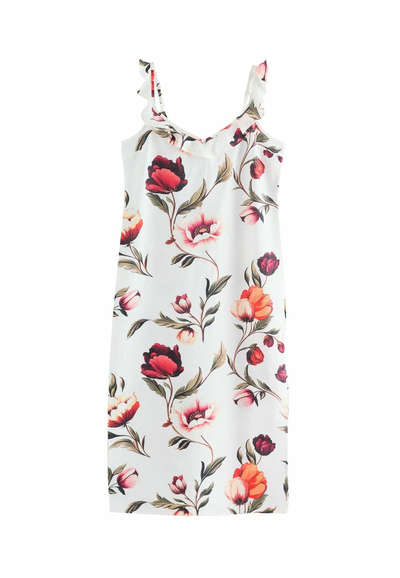 Kratka obleka brez rokavov z rožnatim potiskom in volančastimi naramnicami. Bela podlaga z rdečimi, roza in oranžnimi cvetovi na zelenih stebelcih. Mehak tekstil.