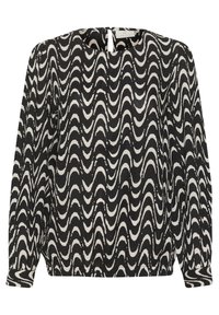 Czarna bluzka z białym wzorem fal. Długie rękawy, okrągły dekolt i elastyczny dół. Lekki materiał o miękkiej teksturze.