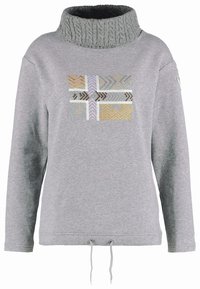 Grijze trui met geribbelde col, met meerkleurige geometrische borduursels aan de voorkant en trekkoordverstelling aan de zoom.