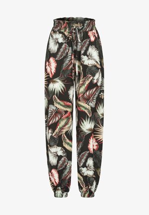 Čierne nohavice s kvetinovým vzorom, elastickým pásom a šnúrkou na stiahnutie. Obsahujú farebné listy a kvety v odtieňoch zelenej a červenej.