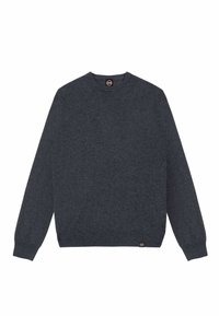 Maglione grigio scuro con scollo rotondo, maniche lunghe e polsini a coste. Tessuto morbido, design semplice e una piccola etichetta con logo sull'orlo.