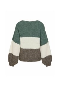 Pull tricoté avec de larges rayures horizontales vertes, blanches et marron, doté de longues manches bouffantes et d'un col rond.