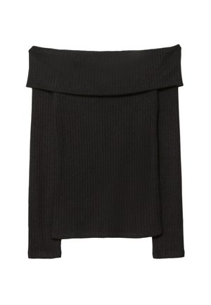 Top nero a coste scollato con maniche lunghe, caratterizzato da una scollatura ampia e una texture morbida, progettato per una silhouette aderente.
