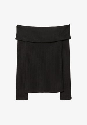 Haut noir à côtes, sans épaules, avec de longues manches, présentant un décolleté large et une texture douce, conçu pour un silhouette ajustée.
