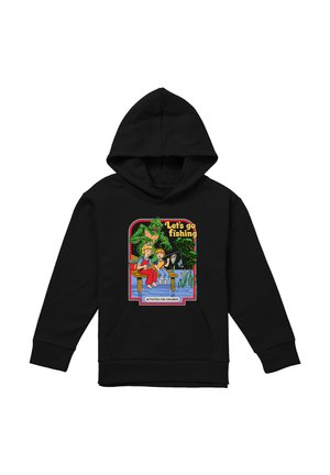 Schwarzer Hoodie mit buntem Motiv zweier Kinder, die auf einem Steg angeln, während ein grünes Monster zusieht. Der Text lautet „Lasst uns angeln gehen“ und „Aktivitäten für Kinder.“