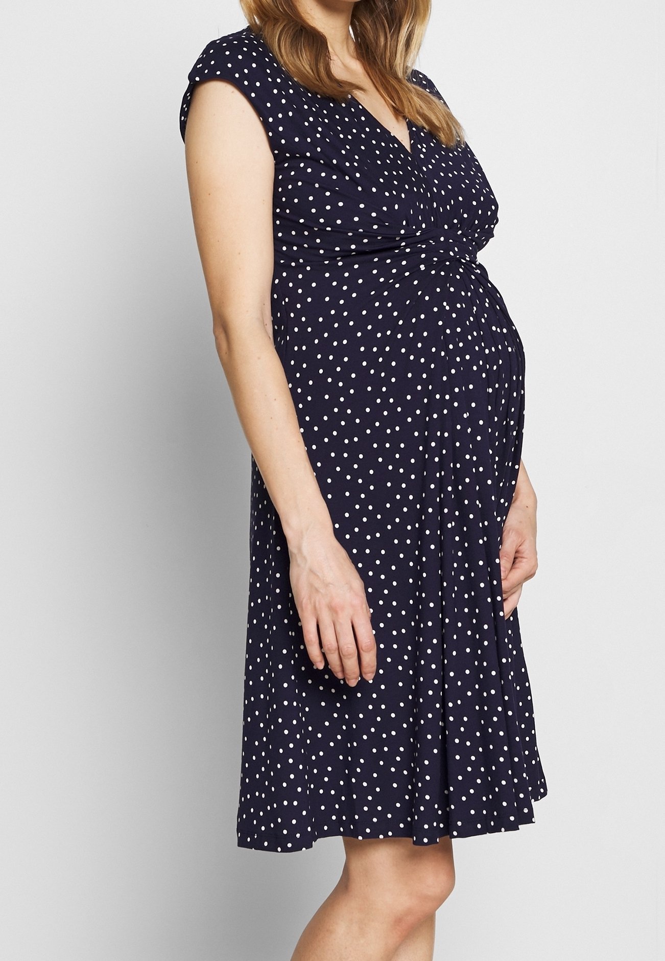 Robe Cocktail Seraphine Bleu à Pois - Taille 34, Midi, Manches 3/4 Élégant