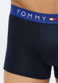 Κοντινή λήψη σε μπλε εσώρουχο boxer με μπλε ζώνη μέσης που φέρει την επιγραφή "TOMMY" και μικρό κόκκινο, λευκό και μαύρο λογότυπο σημαίας.