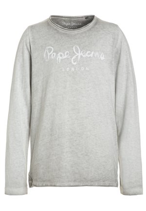 Camiseta de manga larga color gris claro con cuello redondo y texto "Pepe Jeans London" impreso en blanco desgastado en el pecho.