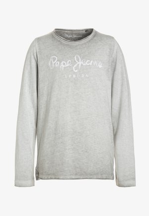 Hellgraues Langarmshirt mit Rundhalsausschnitt, auf der Brust ist der Schriftzug „Pepe Jeans London“ in verblasstem Weiß aufgedruckt.