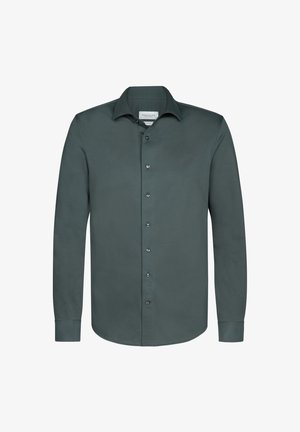 Donkergroene, lange mouwen, button-up shirt van gladde stof. Kenmerkt zich door een klassieke kraag en een knoopsluiting aan de voorkant met bijpassende knopen.
