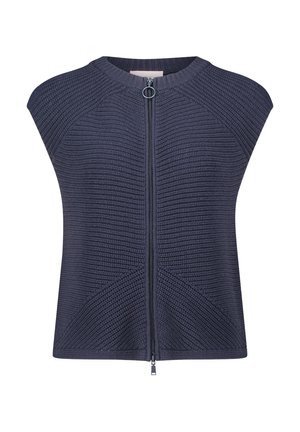 Marineblauw mouwloos gebreid vest met een ronde hals en een ritssluiting aan de voorkant. Gestructureerde patronen op het lichaam met subtiele details op de schouders.