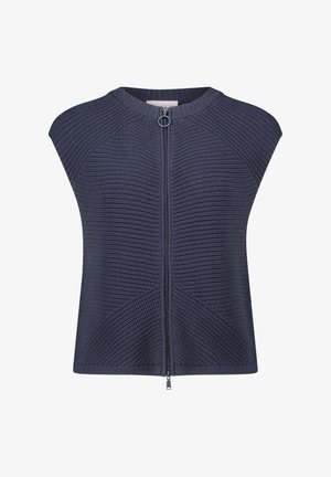 Granatowa dzianinowa kamizelka bez rękawów z okrągłym dekoltem i frontowym zamkiem błyskawicznym. Na tułowiu znajdują się teksturowane wzory z delikatnymi detalami na ramionach.