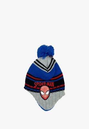 Knitted beanie featuring a blue pom-pom, grey and black striped pattern, red accents, and a Spider-Man emblem on the front.