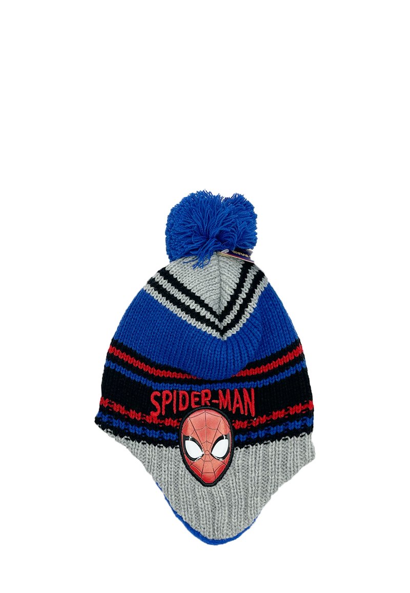 Dziergana czapka z niebieskim pomponem, szaro-czarnym paskowanym wzorem, czerwonymi akcentami i emblematem Spider-Mana z przodu.