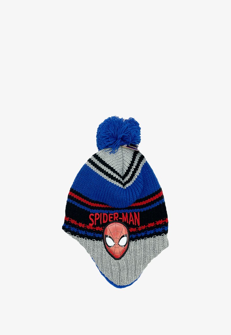 Bonnet tricoté avec un pompon bleu, un motif rayé gris et noir, des accents rouges et un emblème de Spider-Man à l'avant.