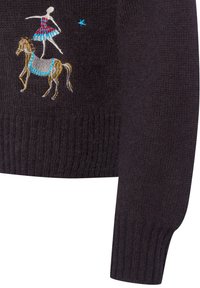 Dunkler Strickpullover mit einem gestickten Motiv eines Tänzers auf einem Pferd, mit farbigen Akzenten in Rot, Blau, Gold und Silberfäden.