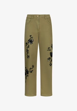 Olive green wide-leg pants with black floral embroidery on both legs, featuring five pockets and a front button closure.