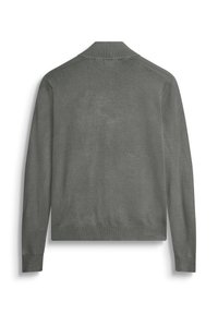 Maglione grigio lavorato a maglia con scollatura a colletto, polsini e orlo a coste. Presenta una superficie liscia e un design aderente che si restringe in vita.
