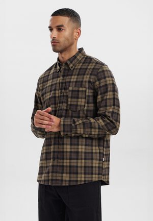 Braun-schwarz karierte Button-up-Hemd mit langen Ärmeln, Kragen und einer Brusttasche. Der Stoff wirkt weich und hat eine leicht strukturierte Oberfläche.
