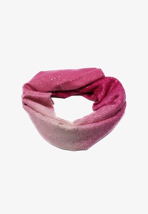 Sciarpa infinita rosa con sfumature gradienti e punti di glitter argento, esposta piegata su uno sfondo bianco.