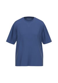 Camiseta de manga corta azul hecha de una tela suave, con un escote redondo y un corte relajado, con una sutil textura y un detalle del logo en la manga.