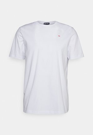 White cotton t-shirt with a round neck, short sleeves, and a small red logo on the left chest. Smooth texture and standard fit.