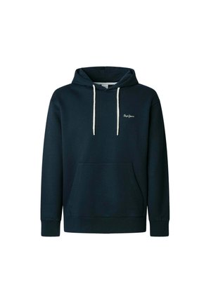 Sudadera azul marino hecha de tela suave, con un bolsillo delantero, capucha con cordones y logo bordado en el pecho.