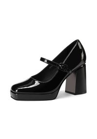 Scarpa con tacco alto in vernice nera, con punta arrotondata, cinturino alla caviglia regolabile e design con tacco quadrato spesso.