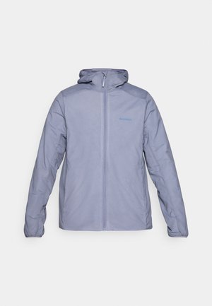 Leichte, kapuzenjacke aus softem grauen Stoff mit einem Reißverschluss vorne, gesteppten Schultern und blauen Logo-Akzenten.