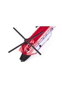 Red helicopter toy featuring black rotor blades. Streamlined design with glossy finish, detailed accents, and a purple stripe along the side.