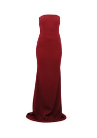 Αόρατο, μακρύ, εφαρμοστό βραδινό φόρεμα σε σκούρο μπορντό με ελαφριά φούστα και διακριτές ραφές.