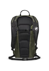 Rucksack mit einem Design in Schwarz und Olivgrün, ausgestattet mit gepolsterten Bereichen, Mesh-Akzenten, verstellbaren Schulterriemen und einem Logo an der Seite.