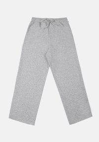 Grå, lette joggebukser laget av myk stoff med elastisk liv og snor, med en rett ben design.