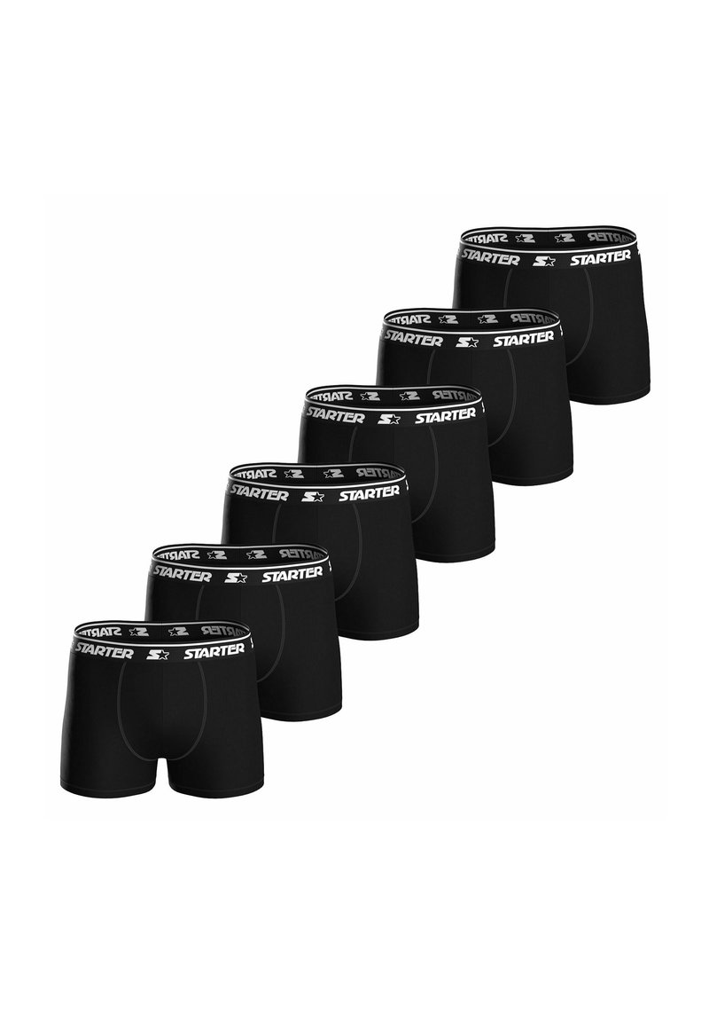 Boxer ajustados de algodón negro con una cinturilla elástica blanca que presenta el logo "STARTER" exhibido en un patrón repetido. Seis pares dispuestos.