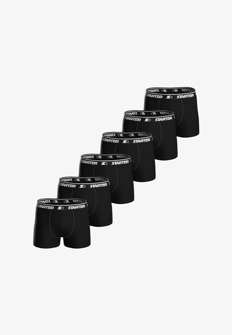 Boxer ajustados de algodón negro con una cinturilla elástica blanca que presenta el logo "STARTER" exhibido en un patrón repetido. Seis pares dispuestos.