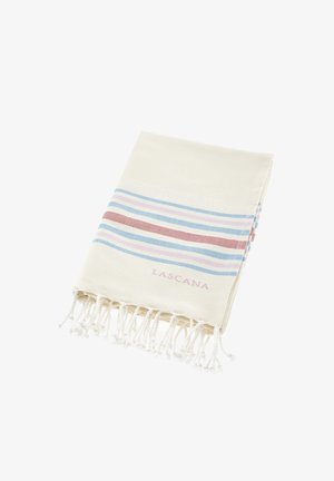 Cotton beach towel featuring horizontal stripes in pink, blue, and red. Finished with white fringes and a small "LASCANA" logo in pink.