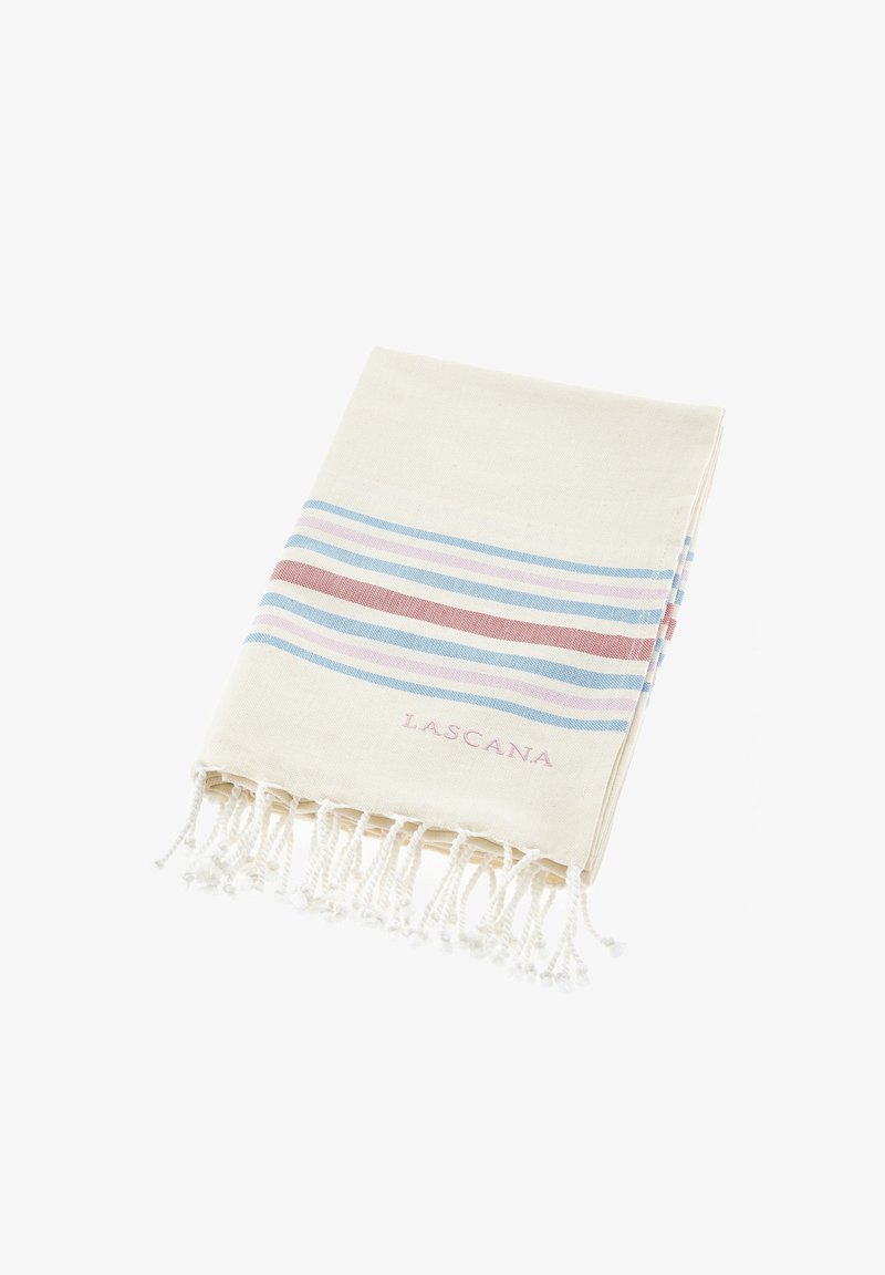 Cotton beach towel featuring horizontal stripes in pink, blue, and red. Finished with white fringes and a small "LASCANA" logo in pink.