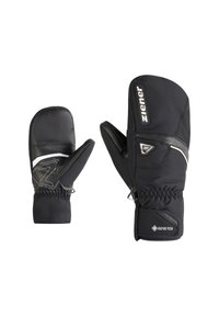 Moufles d'hiver noires en matériau Gore-Tex imperméable. Comprend une paume en cuir, un poignet élastique et des accents réfléchissants.