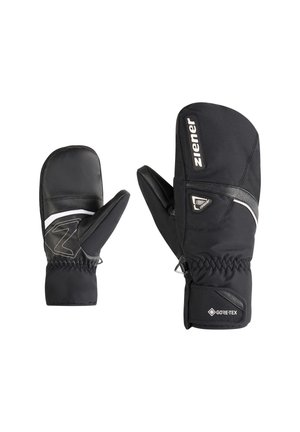 Black winter mittens made from waterproof Gore-Tex material. Features a leather palm, elastic cuff, and reflective accents.