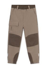 Beige cargo-housut, joissa on teksturoitu pinta, joustava vyötärö, sivutasku ja tummanruskeat polvipaikat. Käännetyt nilkat viimeistelevät muotoilun.