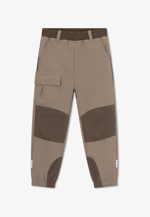 Beige cargo bukser med struktureret overflade, elastisk talje, sidelommer og mørkebrune knælapper. Opbøjede ankler fuldender designet.