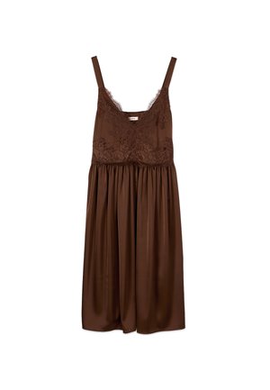 Bruine satijnen midijurk met kanten lijfje, verstelbare dunne schouderbandjes en een geplooide rok.