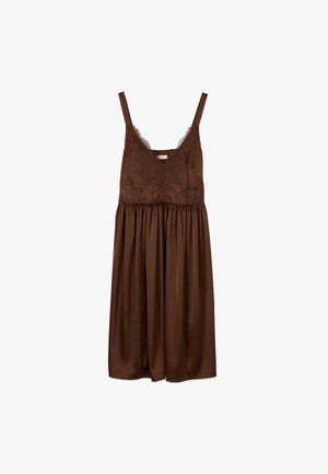 Vestito midi in raso marrone con corpino in pizzo, spalline sottili regolabili e gonna arricciata.